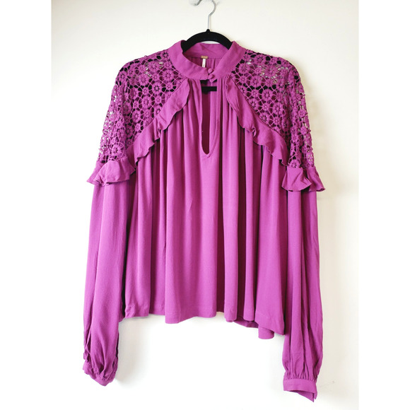 Free People Womens Medium Top Little Bit of Love Ruffle Raspberry Pink Lace - Picture 2 of 12